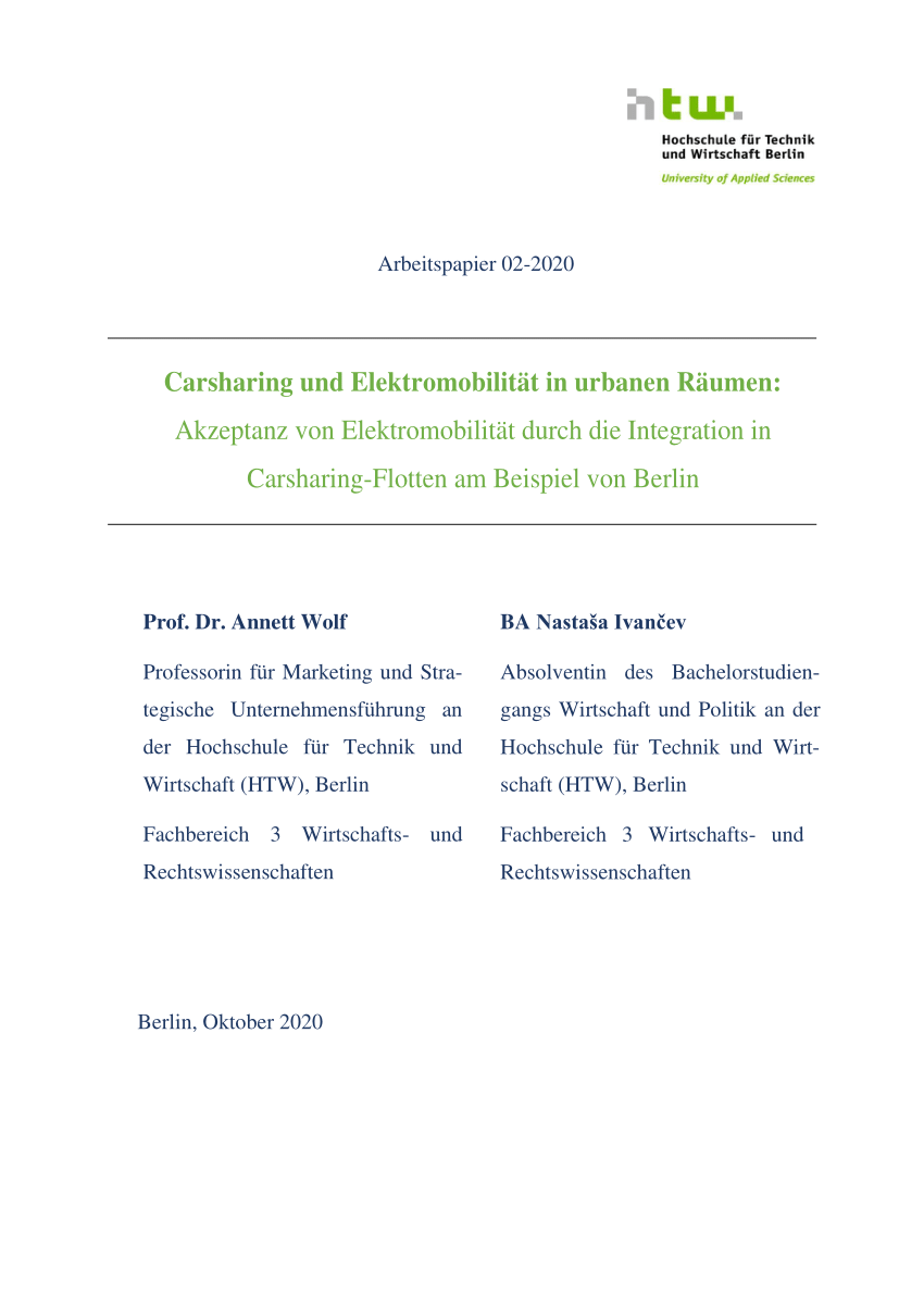PDF) Carsharing und Elektromobilitt in urbanen Rumen: Akzeptanz ...