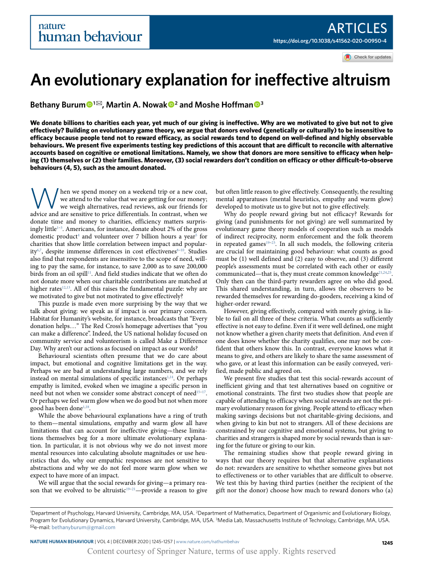 An Evolutionary Explanation For Ineffective Altruism Request Pdf