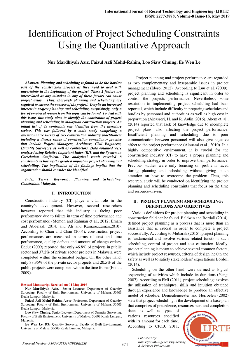 PDF) Identification of Project Scheduling Constraints Using the  Quantitative Approach