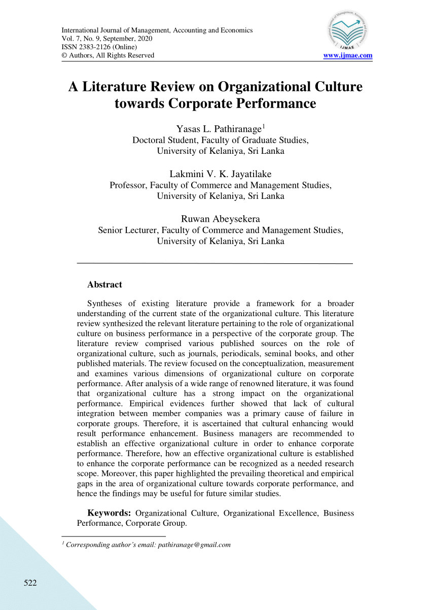 a literature review on organization culture and corporate performance
