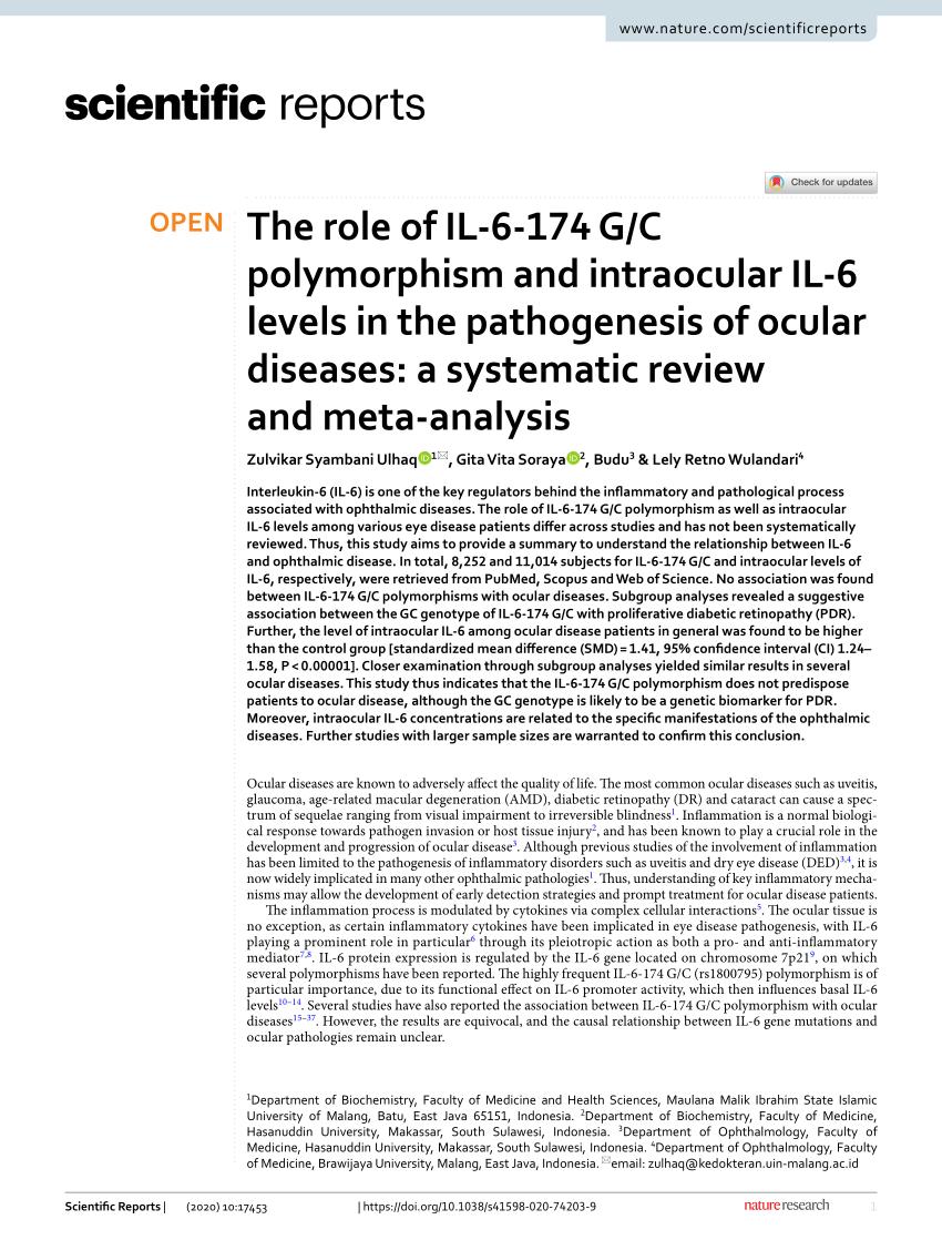 Pdf The Role Of Il 6 174 G C Polymorphism And Intraocular Il 6 Levels In The Pathogenesis Of Ocular Diseases A Systematic Review And Meta Analysis