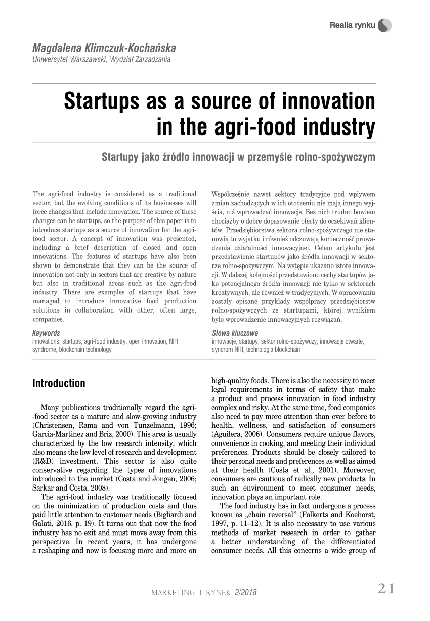 PDF) Startups as a Source of Innovation in the Agri-Food Industry