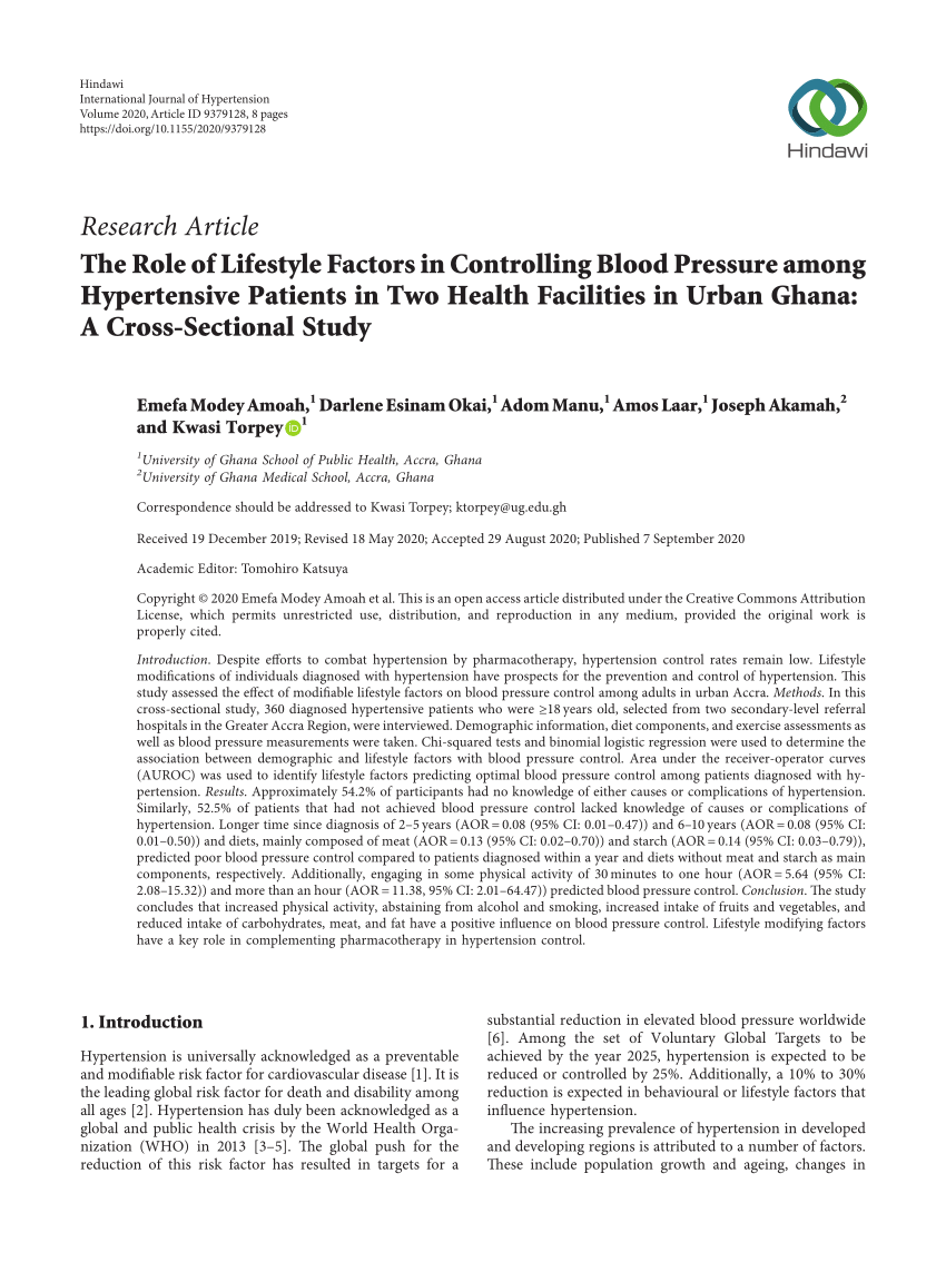 Pdf The Role Of Lifestyle Factors In Controlling Blood Pressure Among Hypertensive Patients In Two Health Facilities In Urban Ghana A Cross Sectional Study