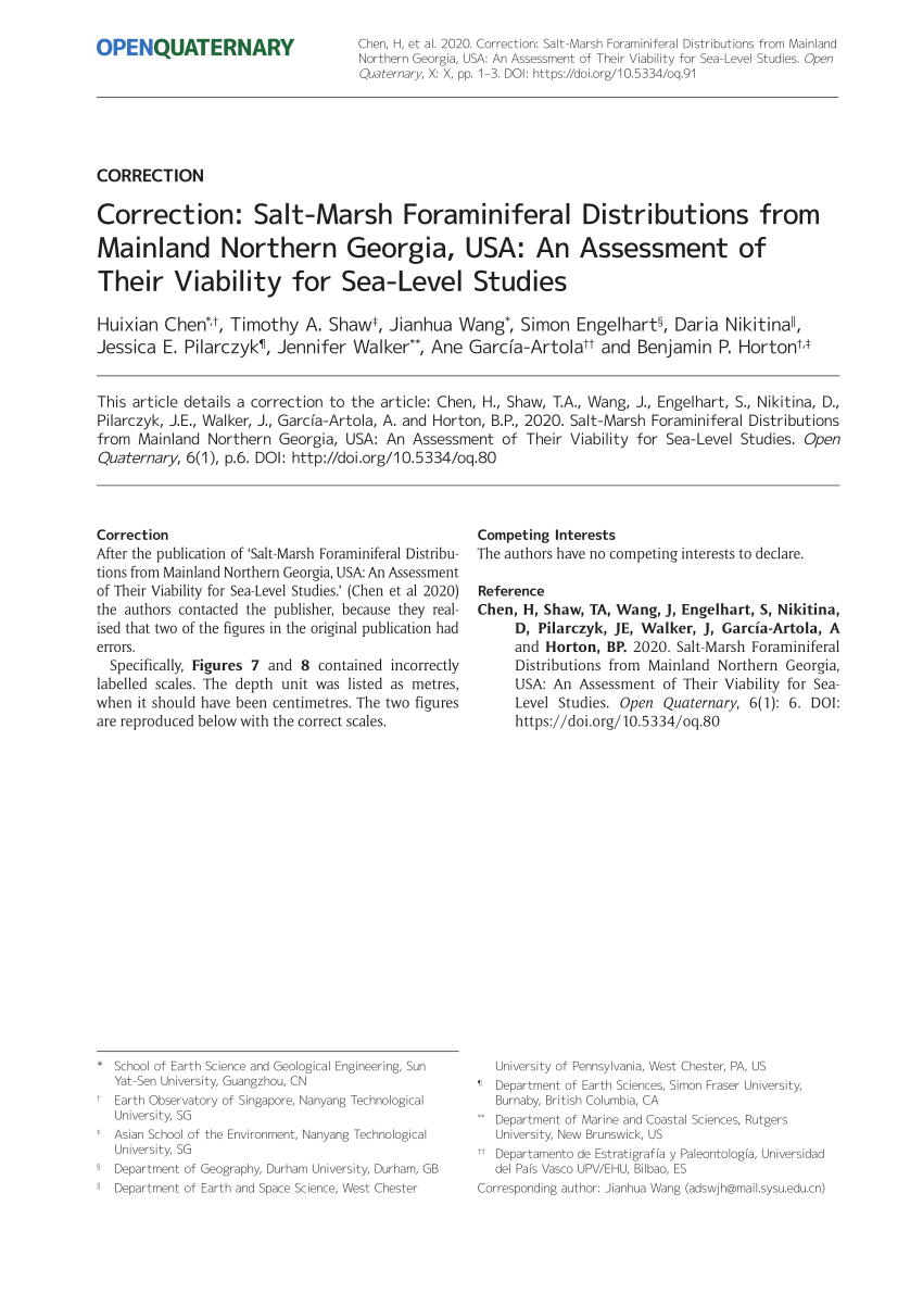 Pdf Correction Salt Marsh Foraminiferal Distributions From Mainland Northern Georgia Usa An Assessment Of Their Viability For Sea Level Studies