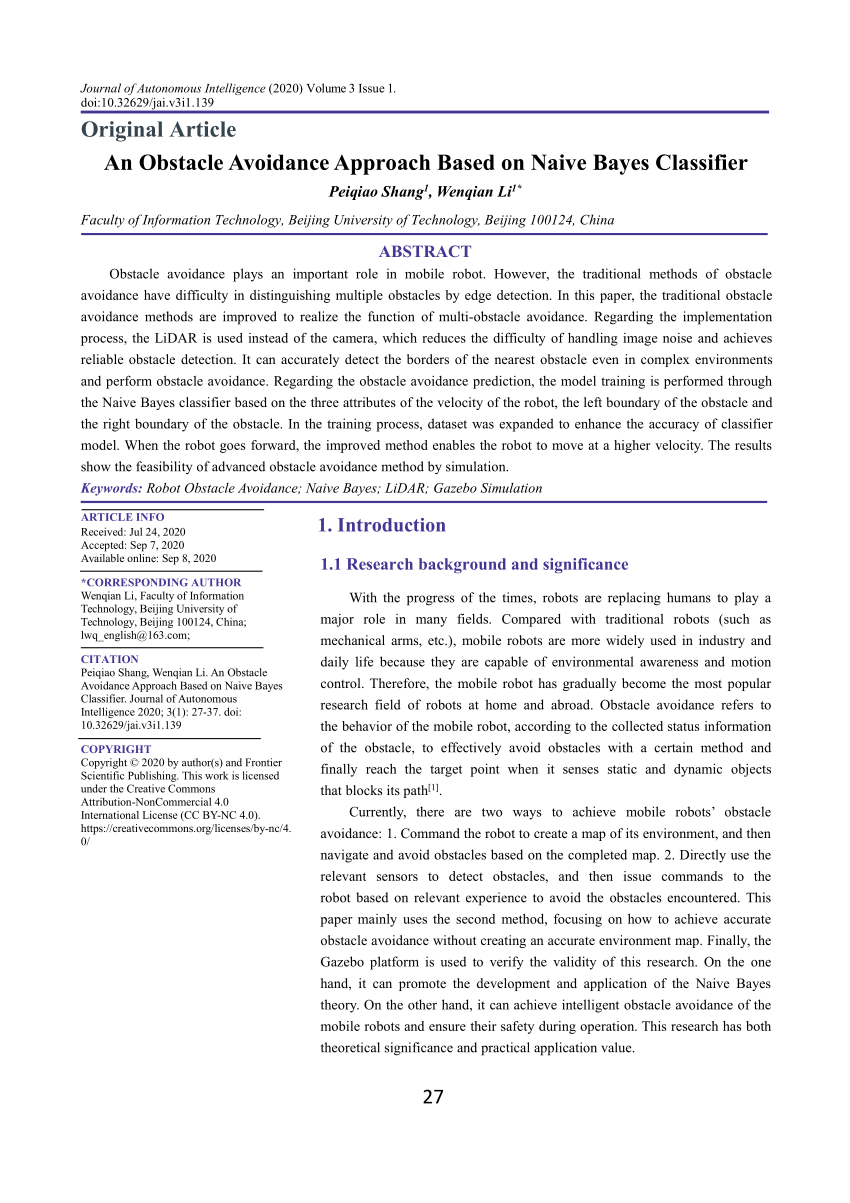 Pdf An Obstacle Avoidance Approach Based On Naive Bayes Classifier