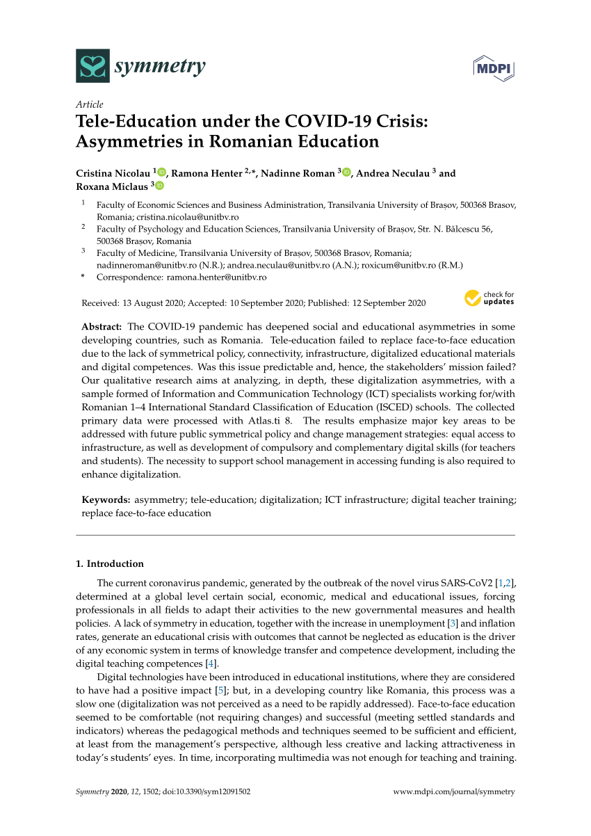 Pdf Tele Education Under The Covid 19 Crisis Asymmetries In Romanian Education