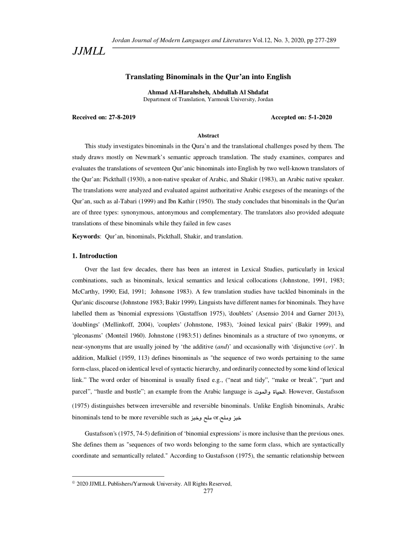 Pdf Translating Binominals In The Qur An Into English