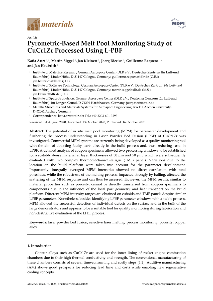 PDF) Pyrometric-Based Melt Pool Monitoring Study of CuCr1Zr Processed Using  L-PBF