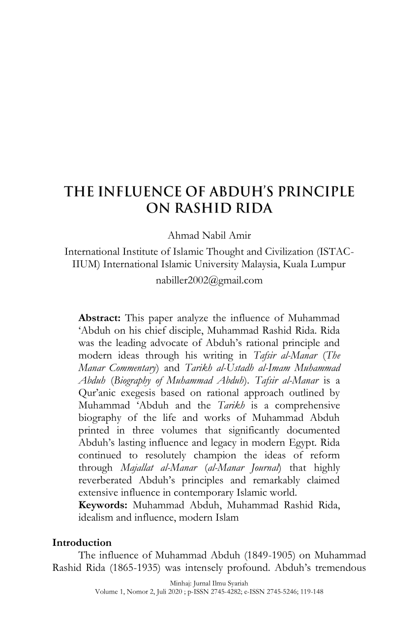 Pdf The Influence Of Abduh S Principle On Rashid Rida