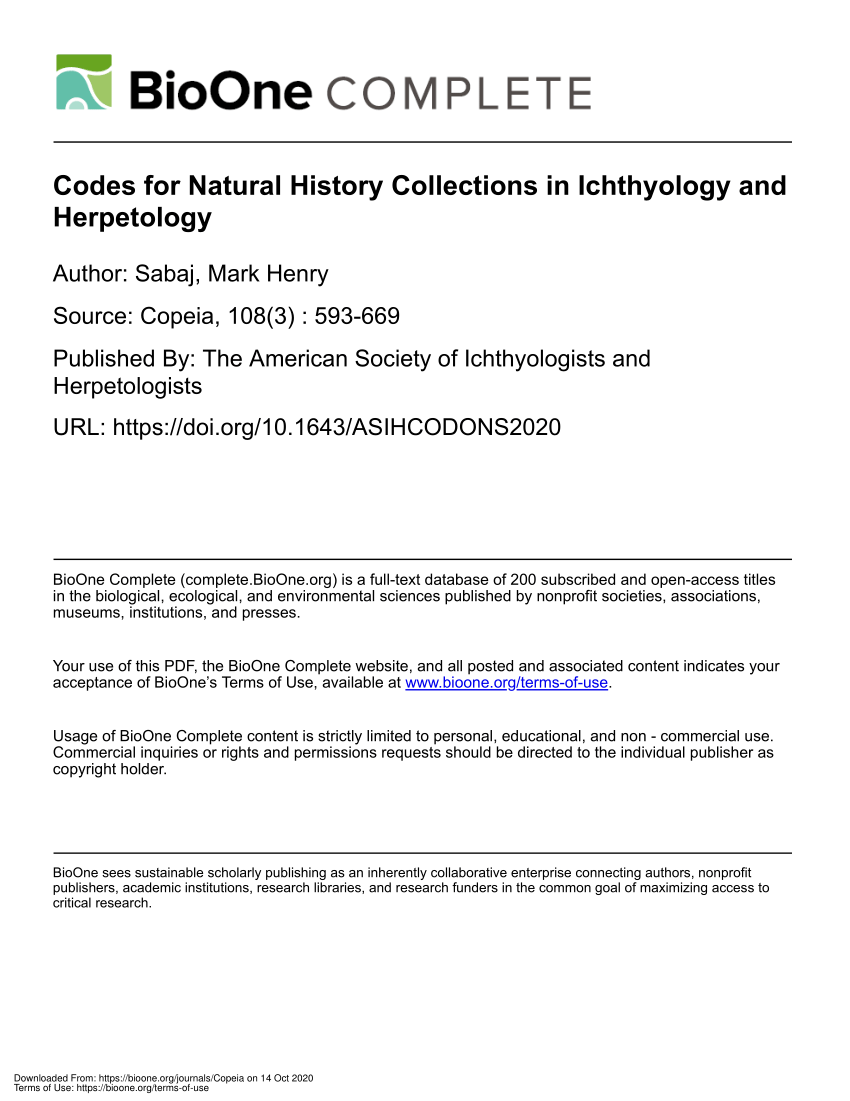 PDF) Codes for Natural History Collections in Ichthyology and 