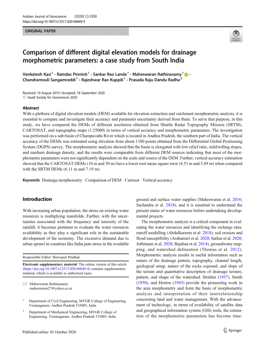 Pdf Comparison Of Different Digital Elevation Models For Drainage Morphometric Parameters A Case Study From South India