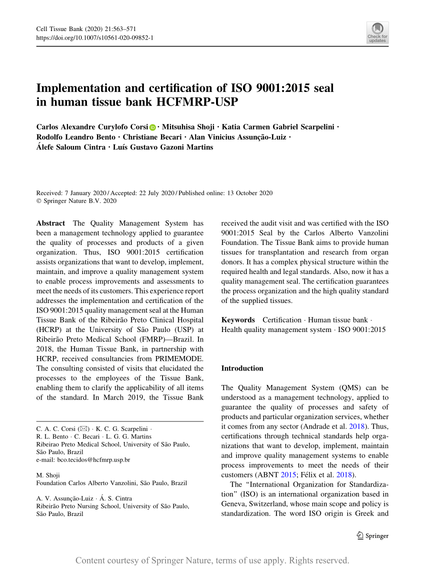 Implementation and certification of ISO 9001:2015 seal in human tissue