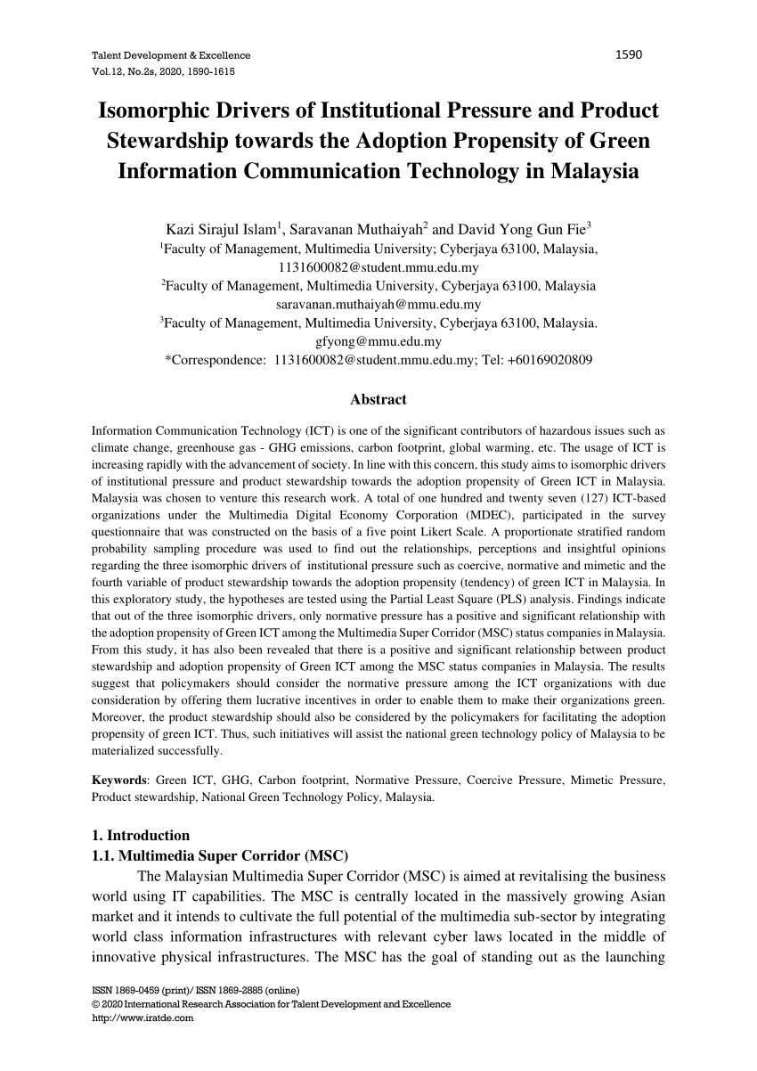 Pdf Isomorphic Drivers Of Institutional Pressure And Product Stewardship Towards The Adoption Propensity Of Green Information Communication Technology In Malaysia