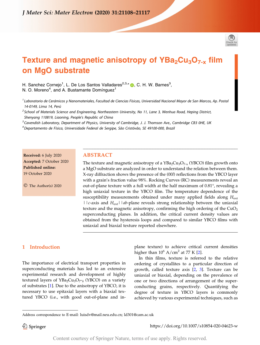 Pdf Texture And Magnetic Anisotropy Of Yba2cu3o7 X Film On Mgo Substrate