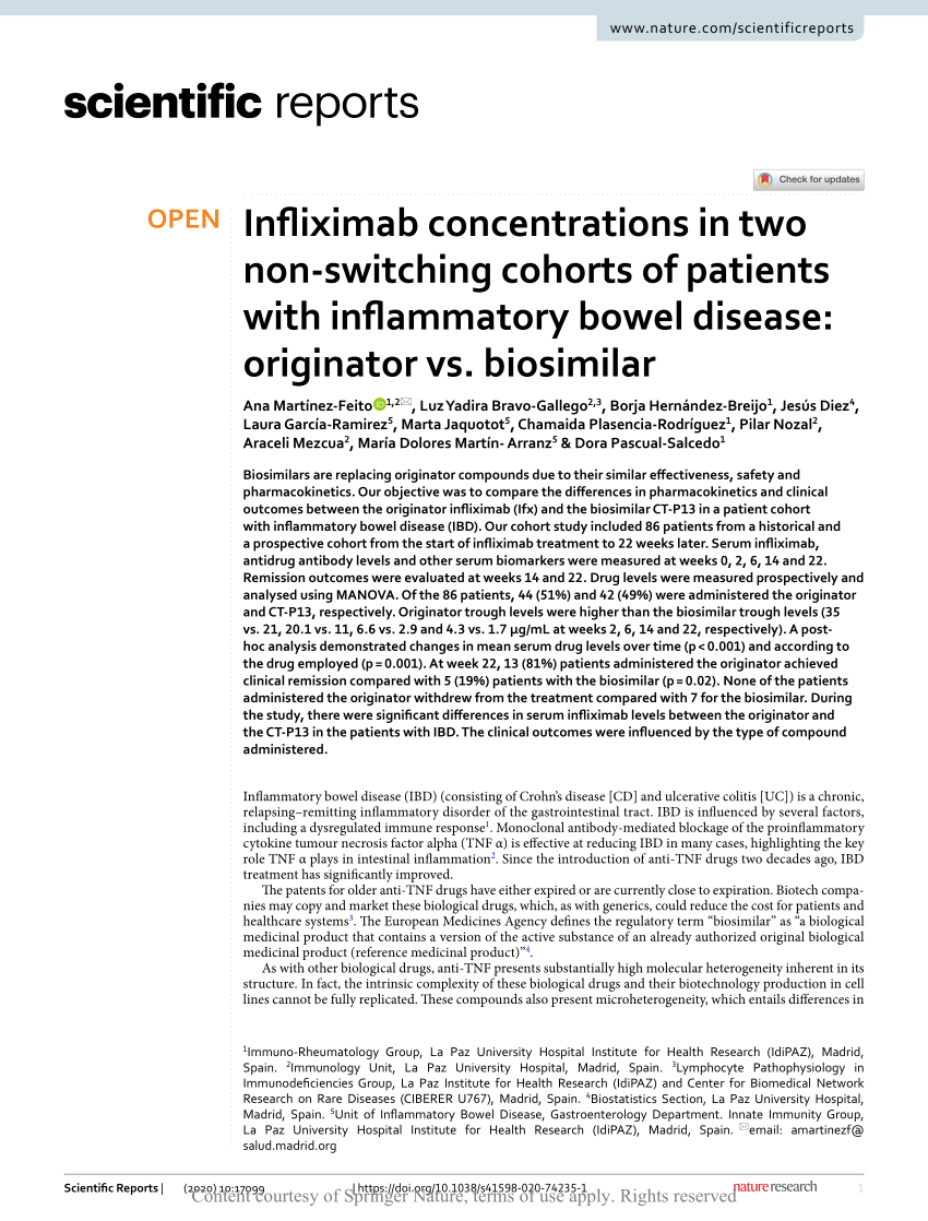 PDF) Infliximab concentrations in two non-switching cohorts of patients with inflammatory bowel disease: vs. biosimilar