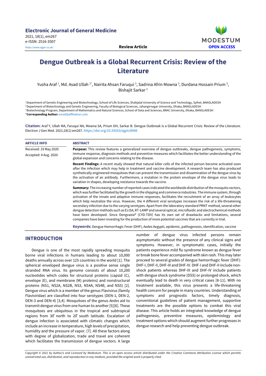 PDF) Dengue Outbreak is a Global Recurrent Crisis: Review of the 