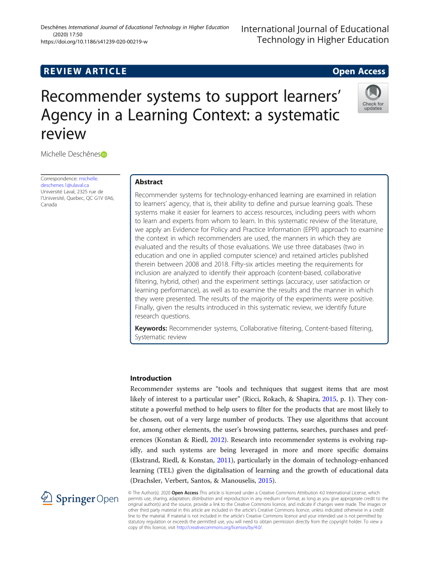 PDF) Recommender systems to support learners' Agency in a Learning Context:  a systematic review