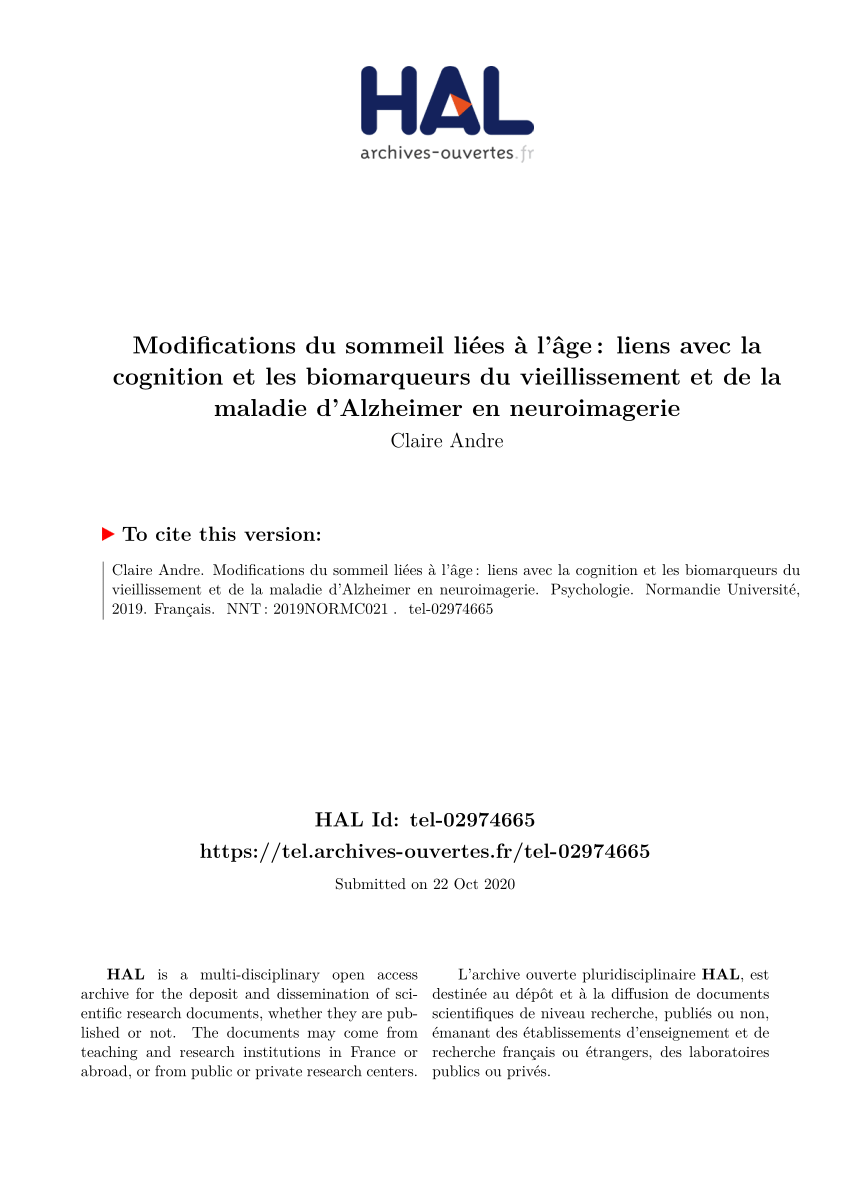 Pdf Modifications Du Sommeil Liees A L Age Liens Avec La Cognition Et Les Biomarqueurs Du Vieillissement Et De La Maladie D Alzheimer En Neuroimagerie