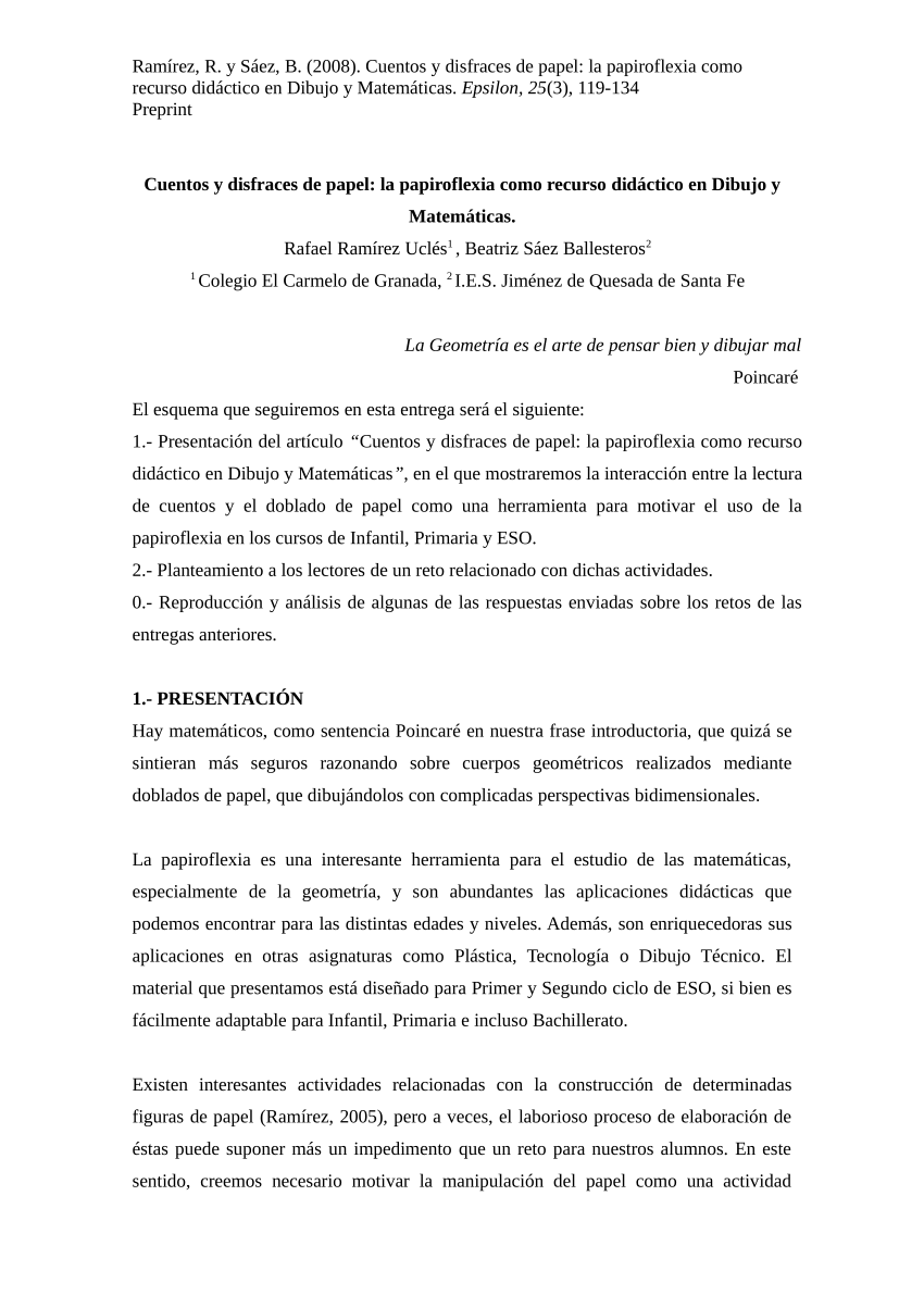 PDF) Cuentos y disfraces de papel: la papiroflexia como recurso didáctico  en Dibujo y Matemáticas.