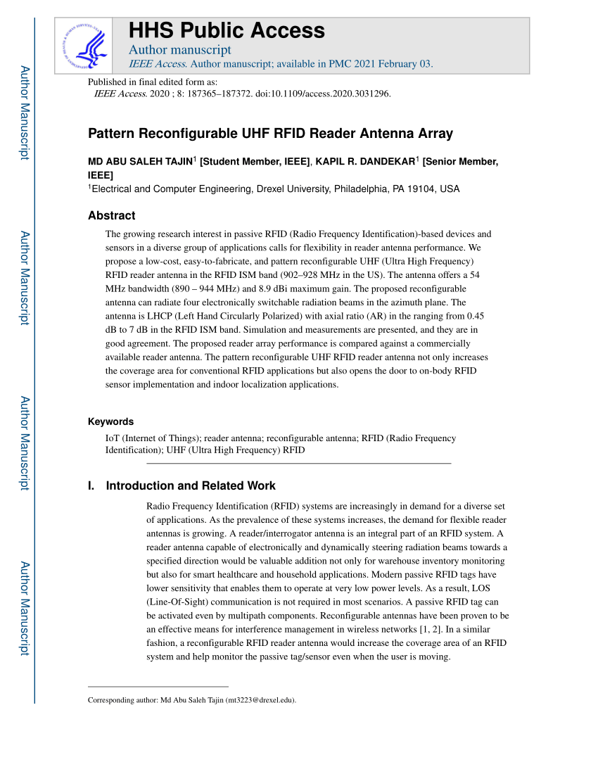 PDF Pattern Reconfigurable UHF RFID Reader Antenna Array