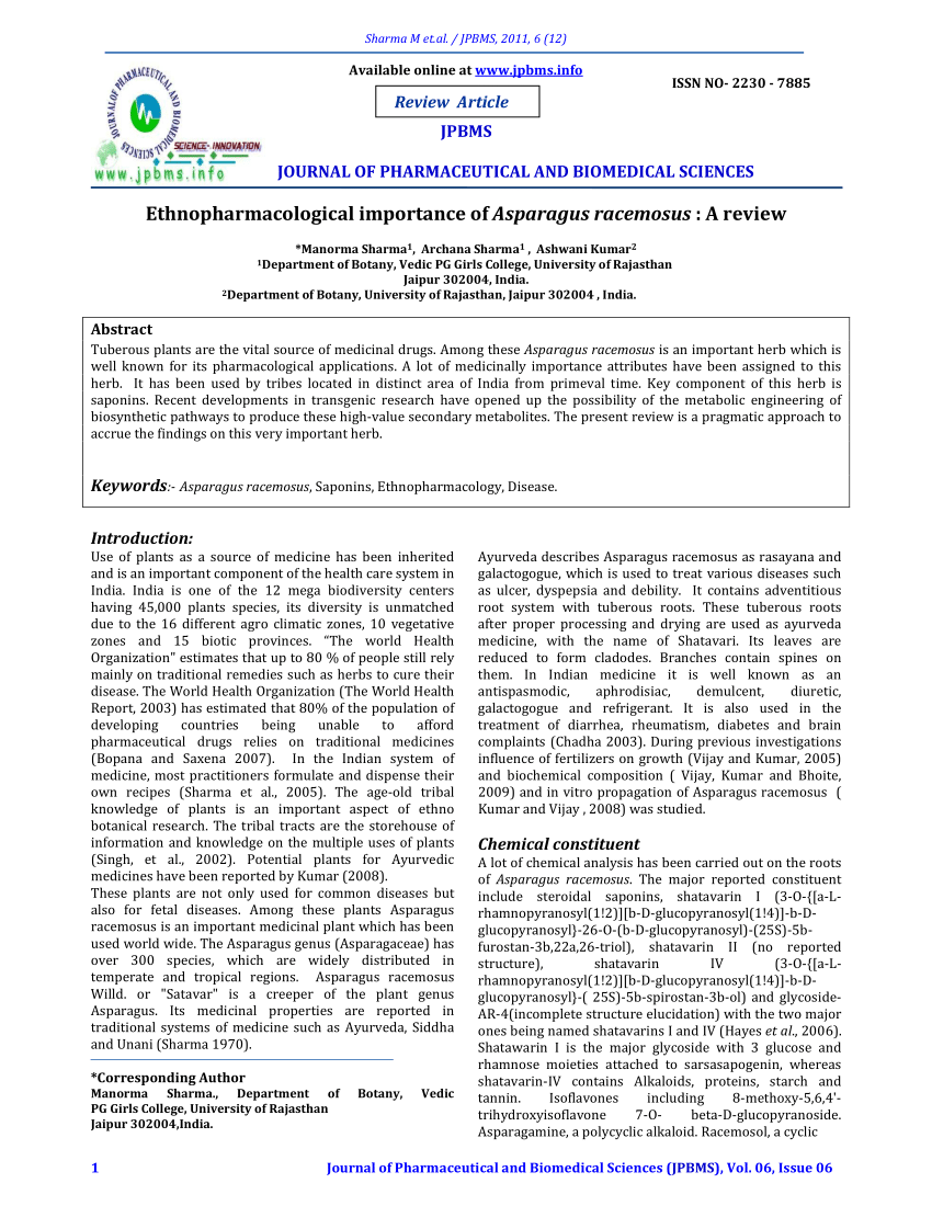 (PDF) Ethnopharmacological importance of Asparagus racemosus : A review