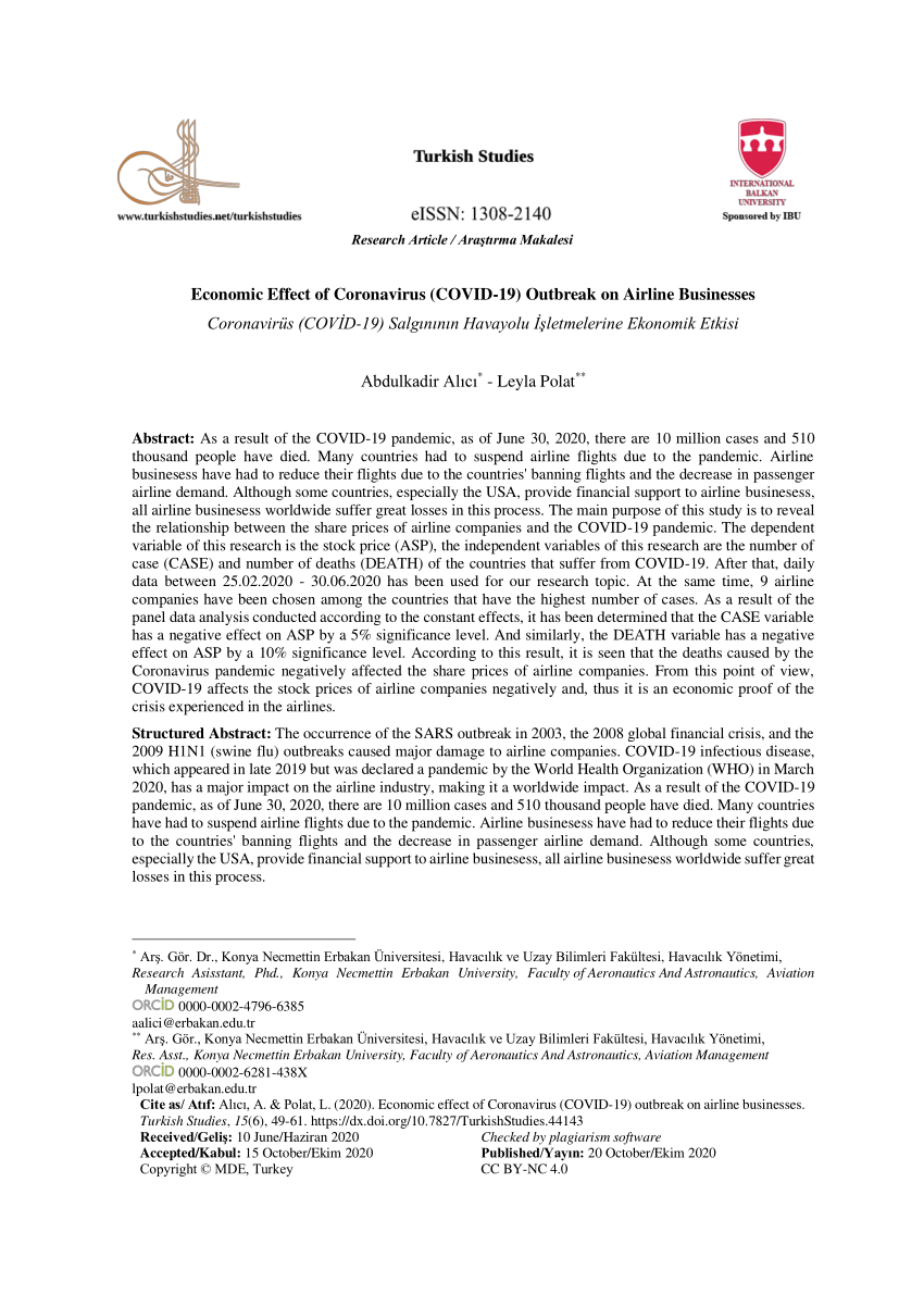 Pdf Economic Effect Of Coronavirus Covid 19 Outbreak On Airline Businesses Coronavirus Covid 19 Salgininin Havayolu Isletmelerine Ekonomik Etkisi