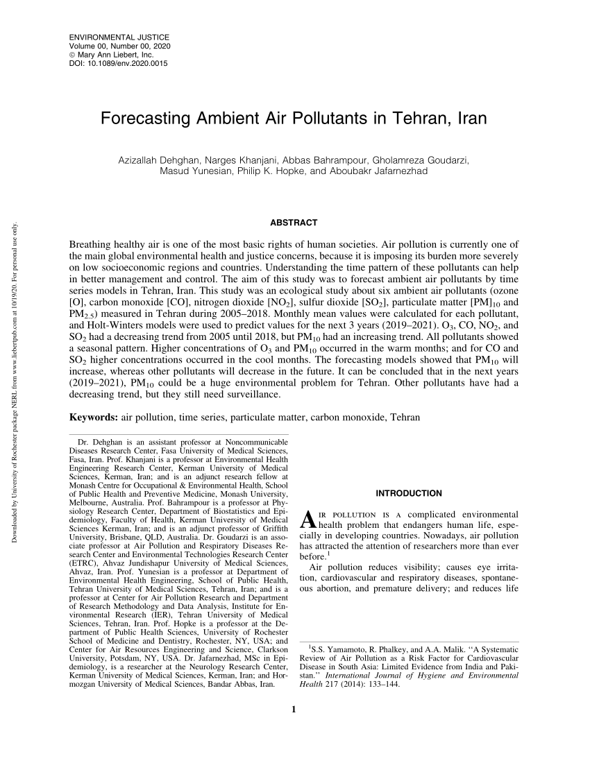 PDF Forecasting Ambient Air Pollutants in Tehran Iran