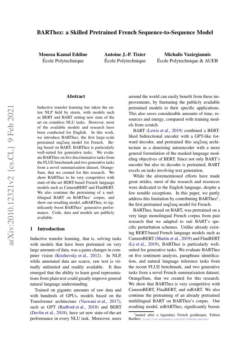 Pdf Barthez A Skilled Pretrained French Sequence To Sequence Model