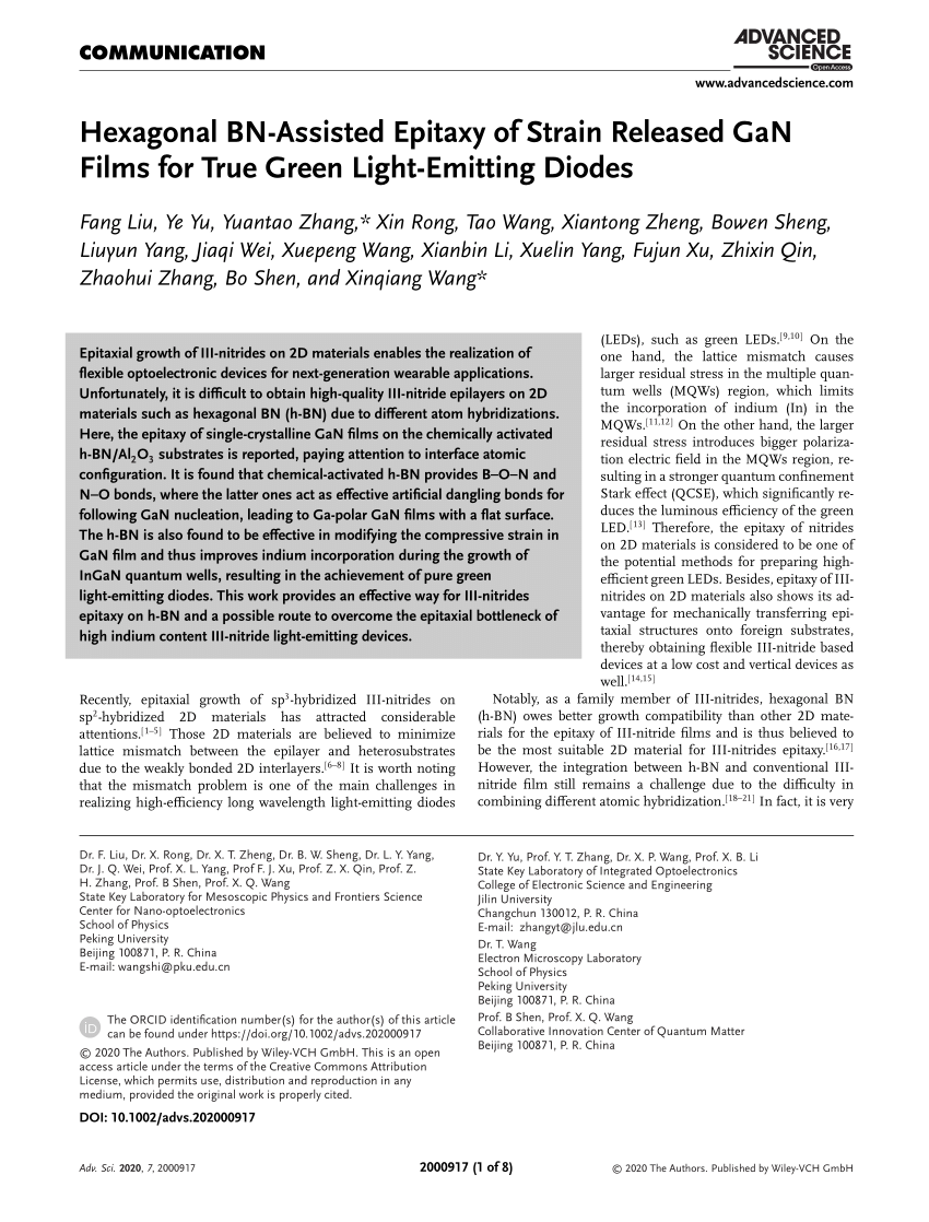 Pdf Hexagonal Bn Assisted Epitaxy Of Strain Released Gan Films For True Green Light Emitting Diodes