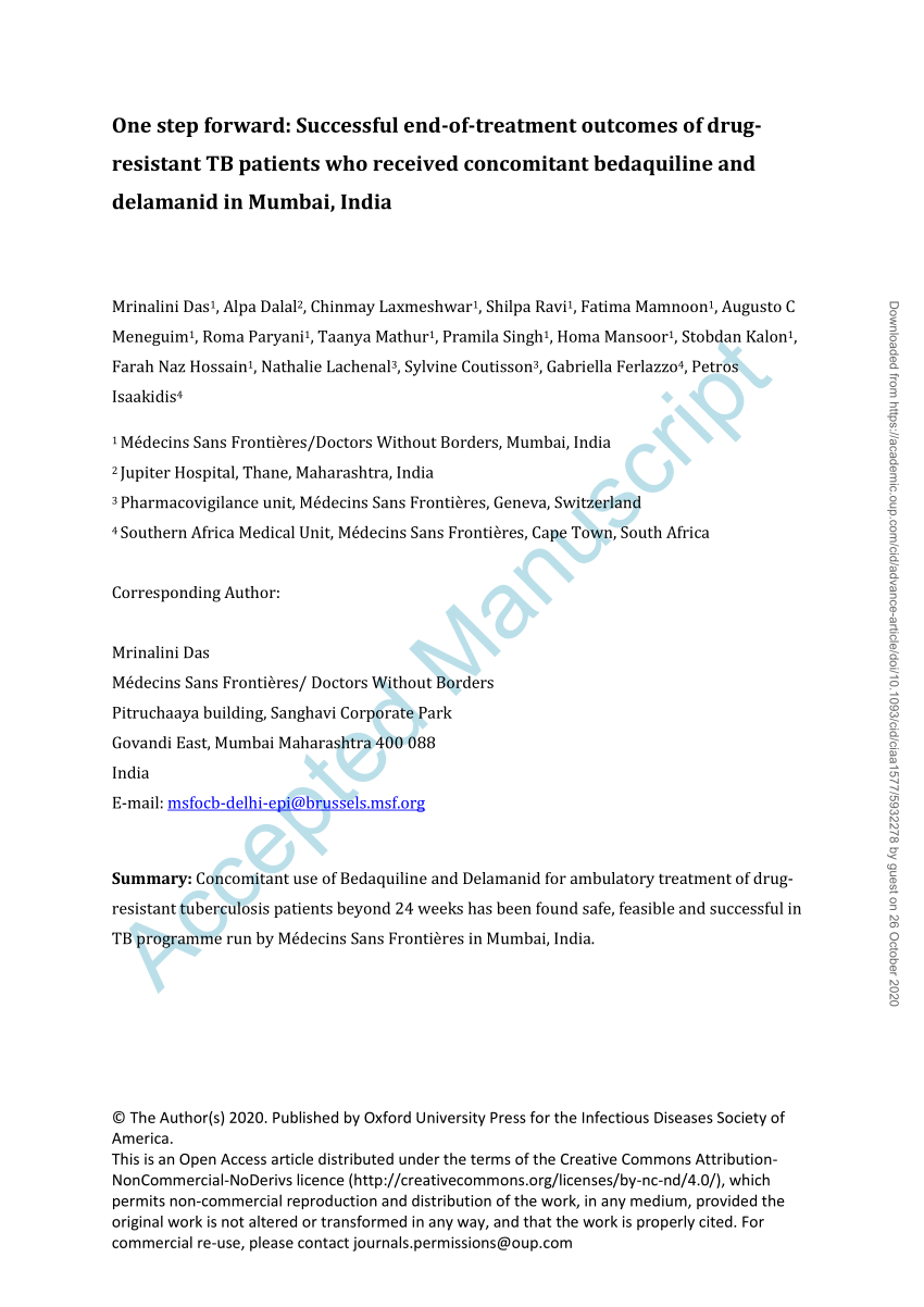 Pdf One Step Forward Successful End Of Treatment Outcomes Of Drug Resistant Tb Patients Who Received Concomitant Bedaquiline And Delamanid In Mumbai India