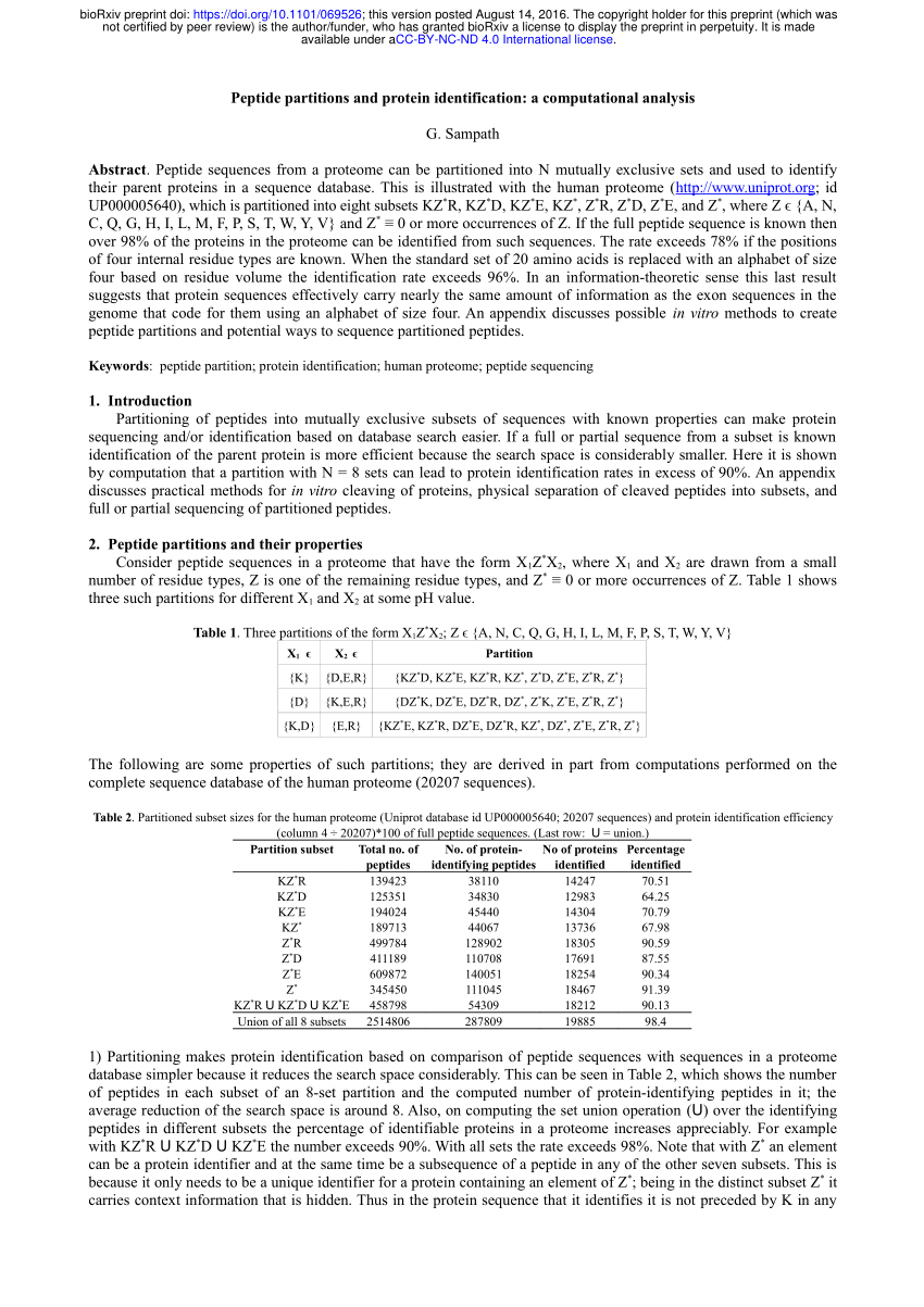 Pdf Peptide Partitions And Protein Identification A Computational Analysis