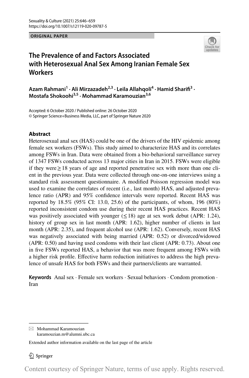 The Prevalence Of And Factors Associated With Heterosexual Anal Sex Among Iranian Female Sex 0091