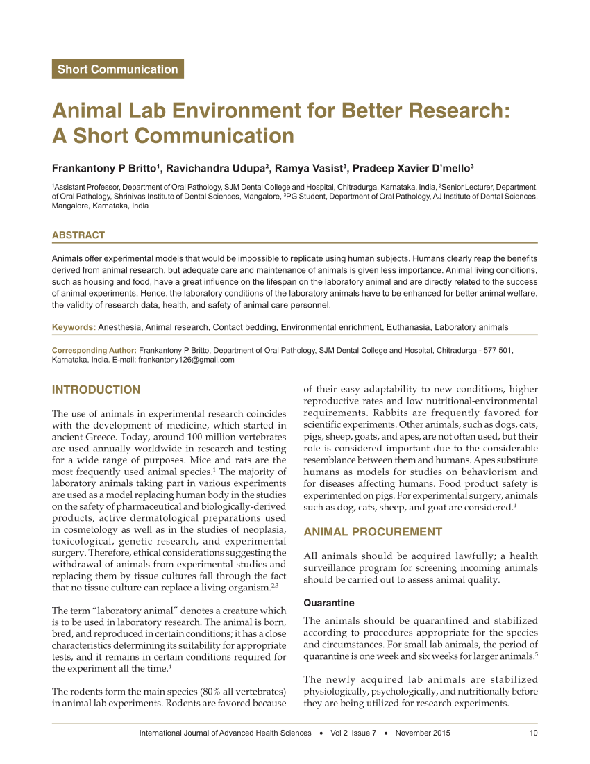 PDF) Animal Lab Environment for Better Research: A Short Communication