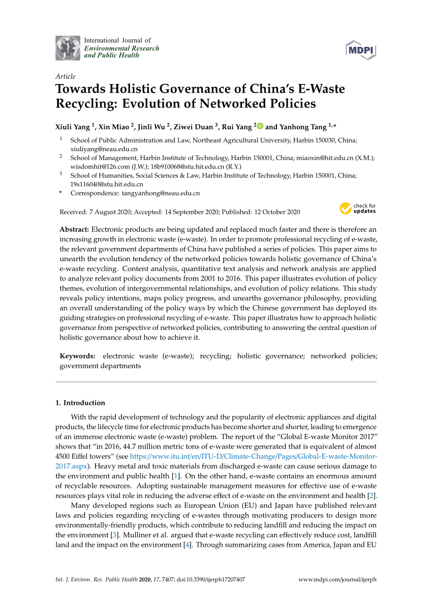 PDF) Towards Holistic Governance of China's E-Waste Recycling: Evolution of  Networked Policies