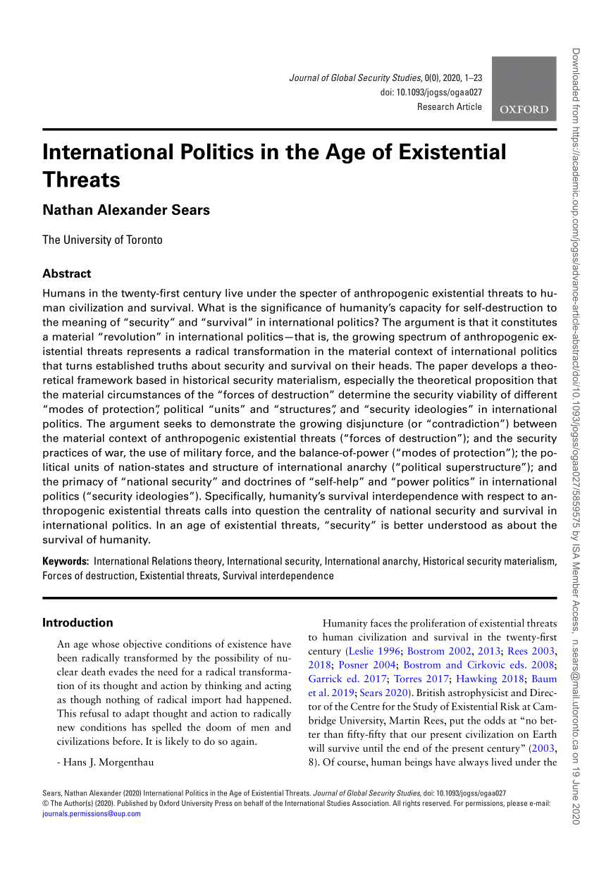 PDF International Politics in the Age of Existential Threats