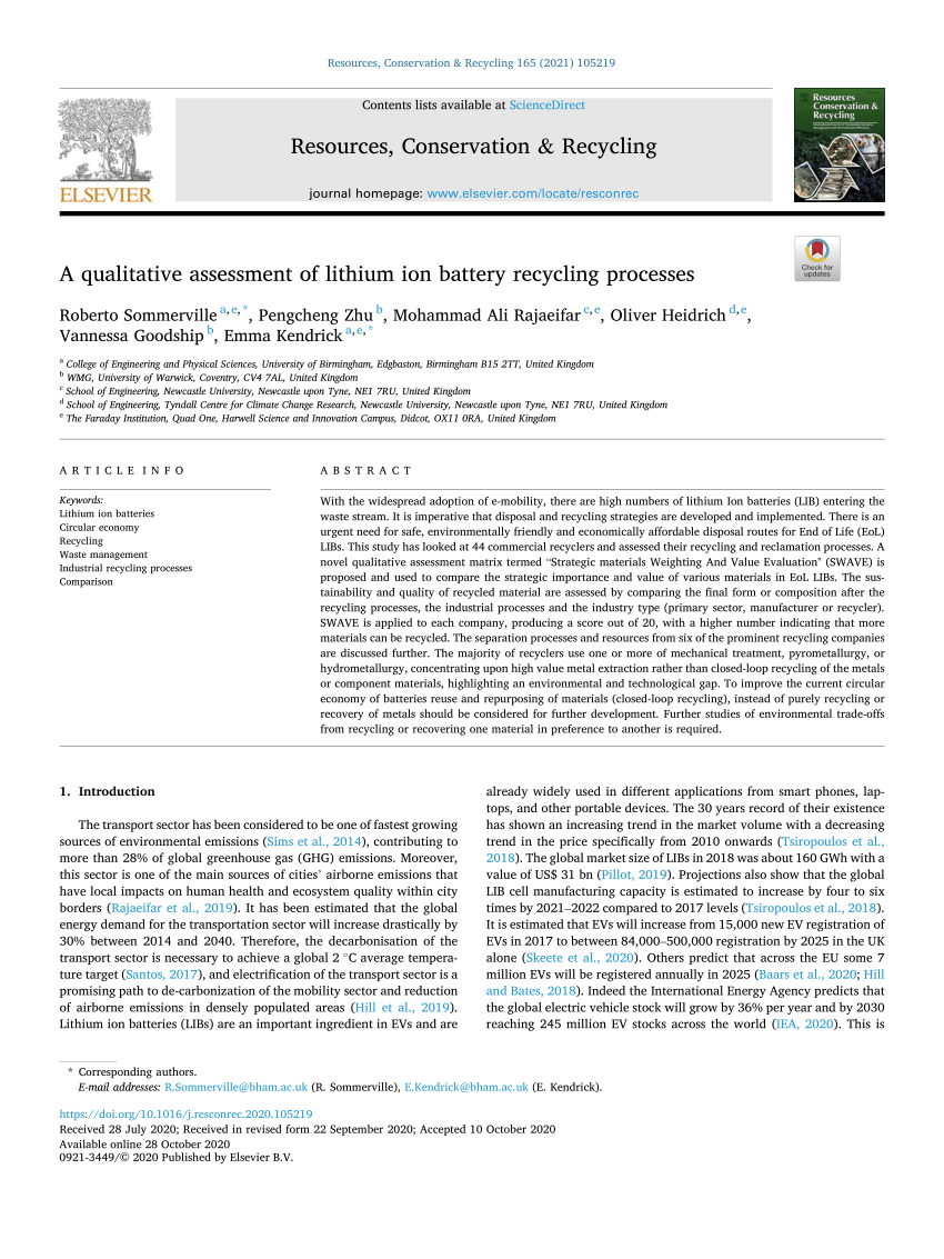 Pdf A Qualitative Assessment Of Lithium Ion Battery Recycling Processes