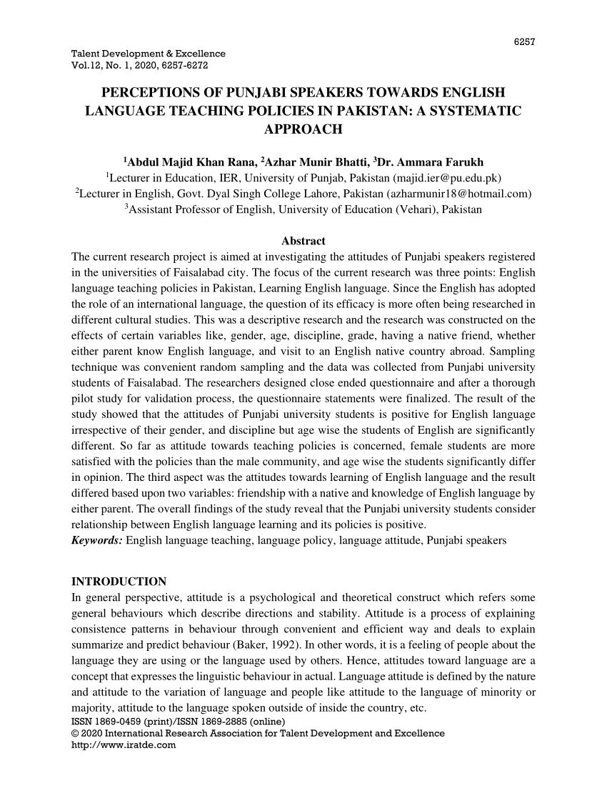Pdf Perceptions Of Punjabi Speakers Towards English Language Teaching Policies In Pakistan A Systematic Approach