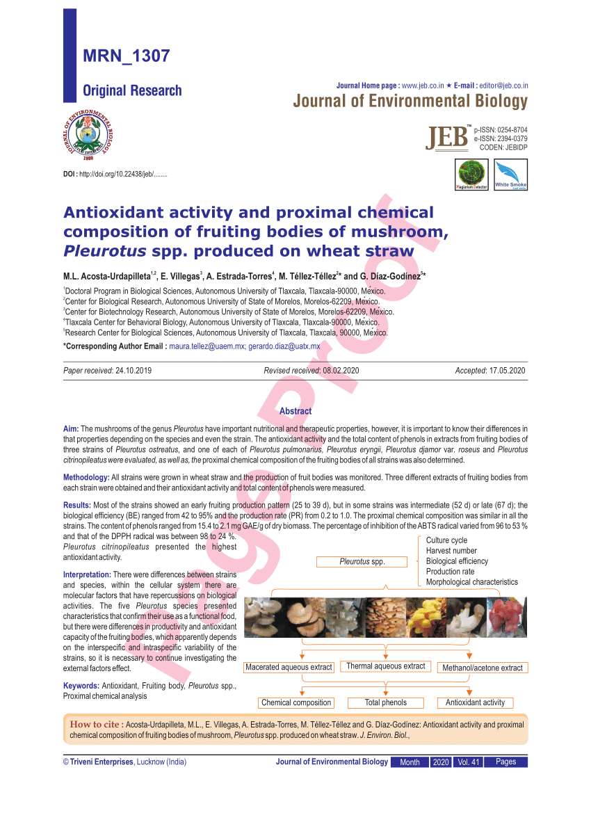 Pdf Antioxidant Activity And Proximal Chemical Composition Of Fruiting Bodies Of Mushroom Pleurotus Spp Produced On Wheat Straw