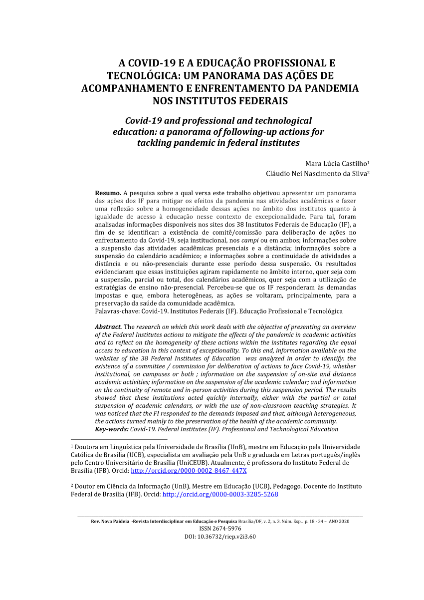 PDF) Avaliação do uso da educação a distância e do ensino remoto no ensino  médio nos Institutos Federais da região sudeste antes e durante a pandemia  por Covid-19