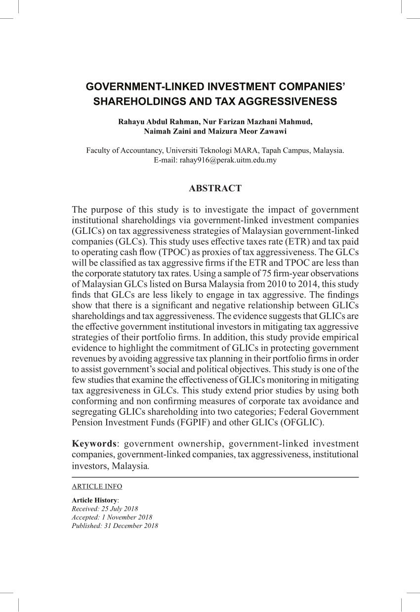 Pdf Government Linked Investment Companies Shareholdings And Tax Aggressiveness