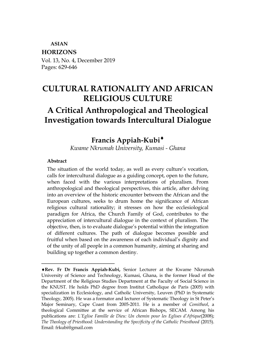 Pdf Cultural Rationality And African Religious Culture A Critical Anthropological And Theological Investigation Towards Intercultural Dialogue