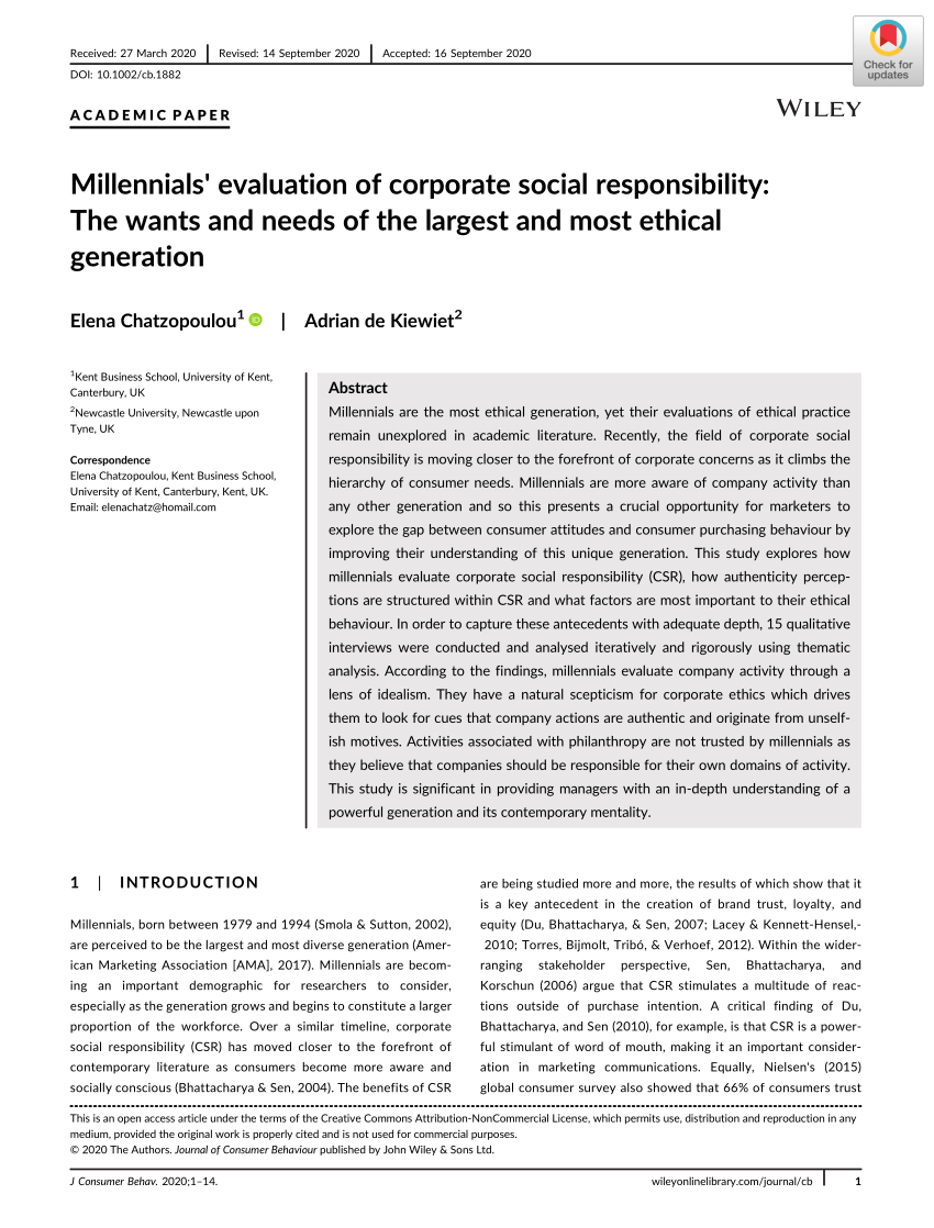 Pdf Millennials Evaluation Of Corporate Social Responsibility The Wants And Needs Of The Largest And Most Ethical Generation