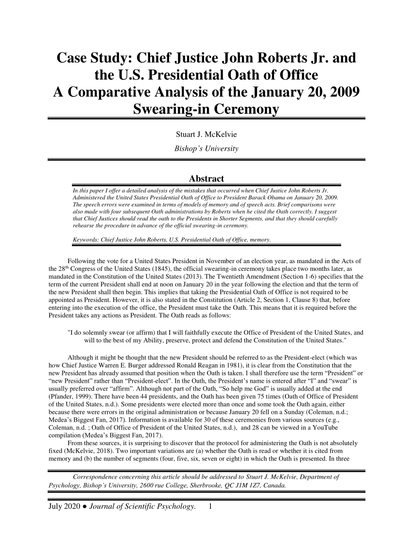 Pdf 1 Case Study Chief Justice John Roberts Jr And The U S Presidential Oath Of Office A Comparative Analysis Of The