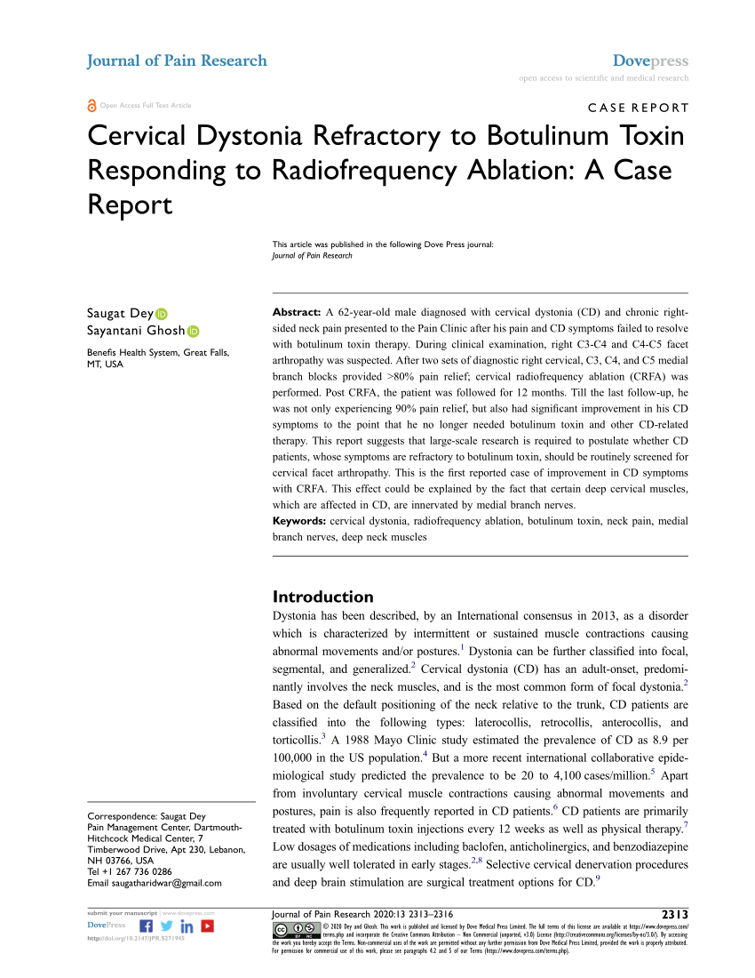 Pdf Cervical Dystonia Refractory To Botulinum Toxin Responding To Radiofrequency Ablation A 2731