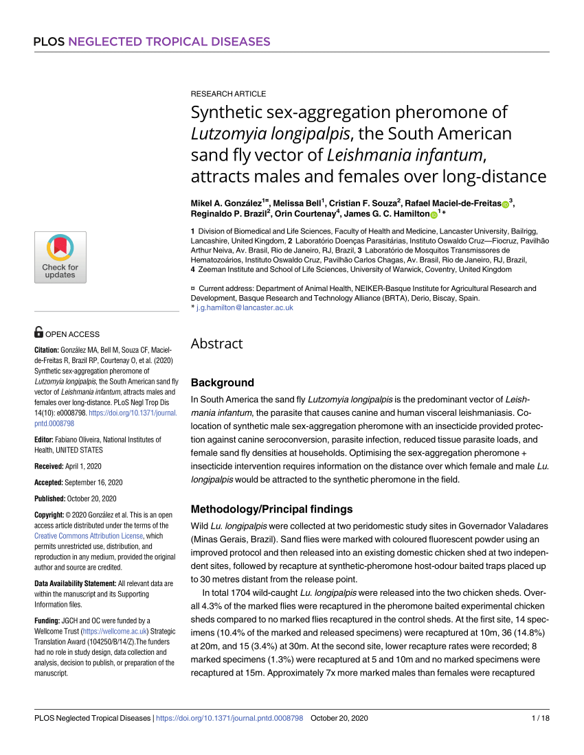 Pdf Synthetic Sex Aggregation Pheromone Of Lutzomyia Longipalpis The South American Sand Fly 4296