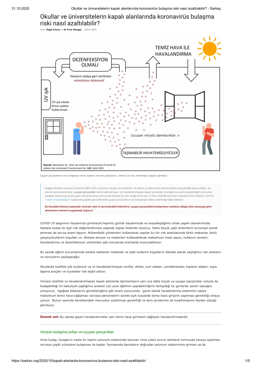 Pdf Okullar Ve Universitelerin Kapali Alanlarinda Koronavirus Bulasma Riski Nasil Azaltilabilir