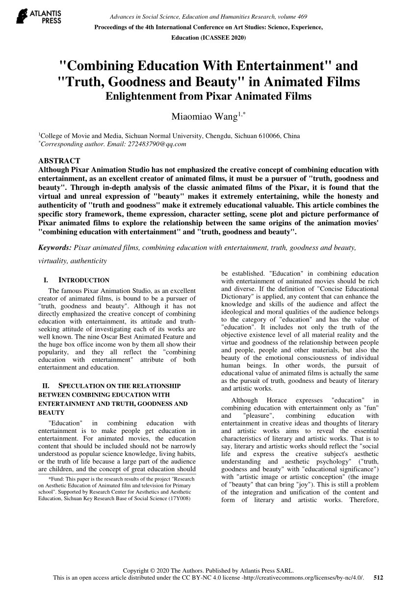 PDF) “Combining Education With Entertainment” and “Truth, Goodness and  Beauty” in Animated Films: Enlightenment from Pixar Animated Films