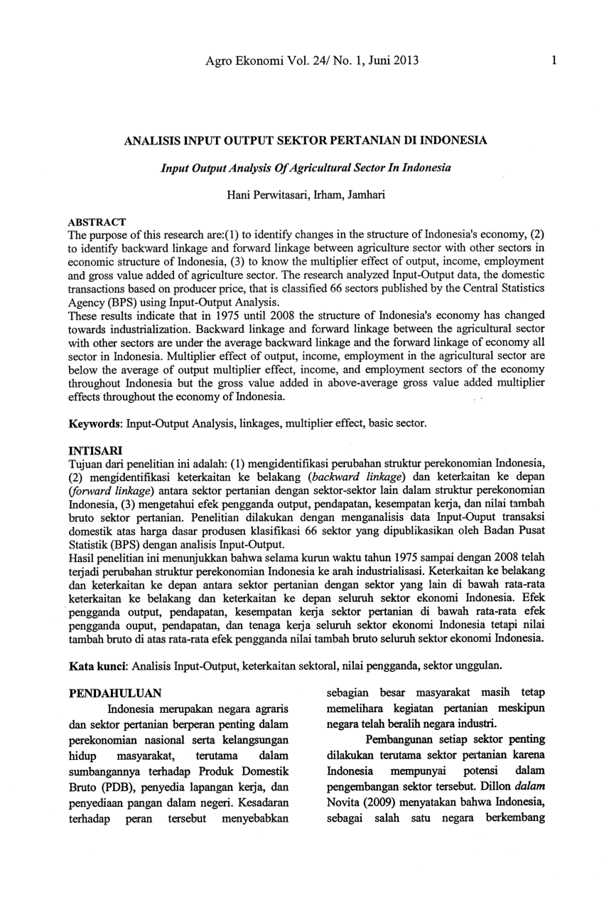 Pdf Analisis Input Output Sektor Pertanian Di Indonesia