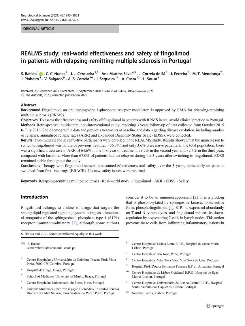 Pdf Realms Study Real World Effectiveness And Safety Of Fingolimod In Patients With Relapsing Remitting Multiple Sclerosis In Portugal