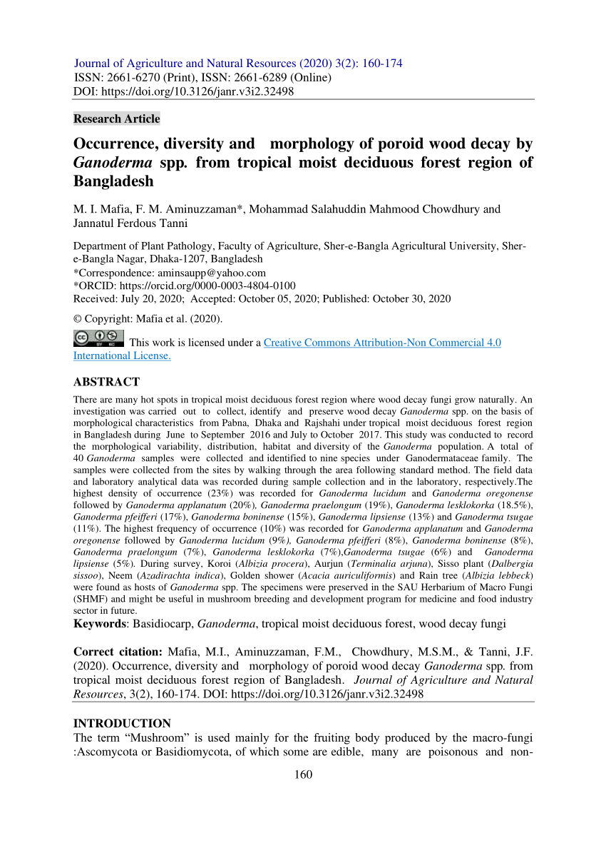 Pdf Occurrence Diversity And Morphology Of Poroid Wood Decay By Ganoderma Spp From Tropical Moist Deciduous Forest Region Of Bangladesh